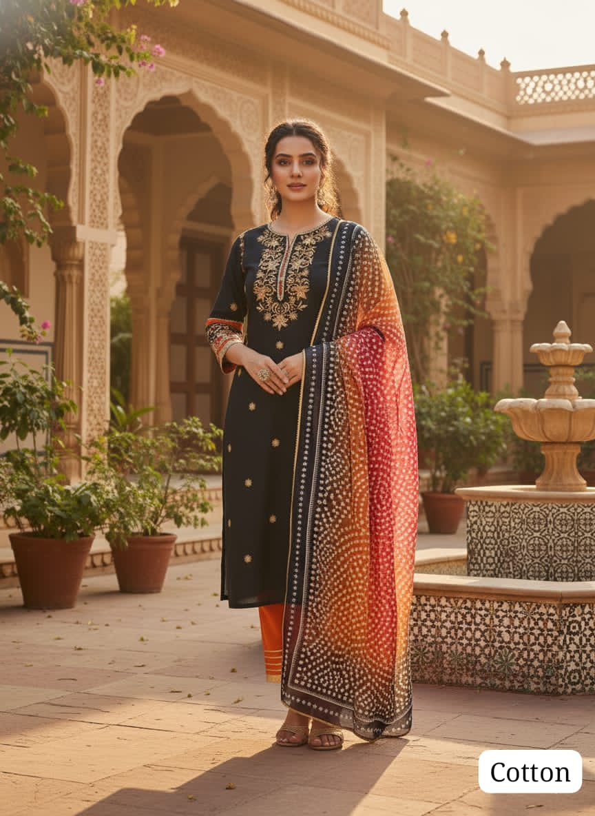 Black Kurti Pant With Dupatta Set