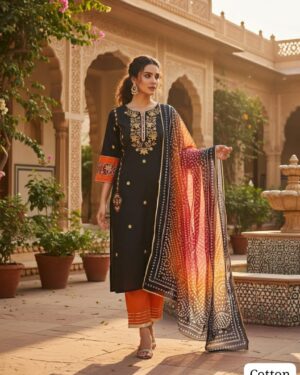 Black Pure Cotton 60x60 Embroidered Kurta Pant Set with Chanderi Bandhani Dupatta for Women