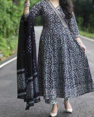 Black Printed Anarkali Kurti Pant Dupatta Set for Women | Elegant Cotton Anarkali Suit