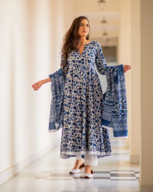 Blue Floral Printed Anarkali Kurti Pant with Dupatta | Cotton Anarkali Suit Set for Women