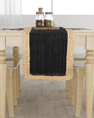 Handmade Natural Jute Black Center Table Runner with Natural Border | Rustic Farmhouse Decor