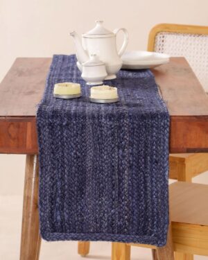 Handmade Natural Jute Navy Blue Table Runner for Dining Table | Rustic Farmhouse Table Decor