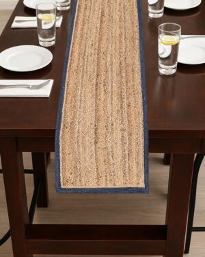 Handmade Natural Jute Table Runner with Navy Blue Border Rustic Farmhouse Dining Decor
