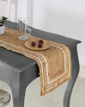 Handmade Natural Jute Table Runner with White Frame | Rustic Farmhouse Dining Decor