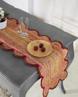 Handmade Natural Jute Scalloped Table Runner with Pink & Red Border | Rustic Farmhouse Decor