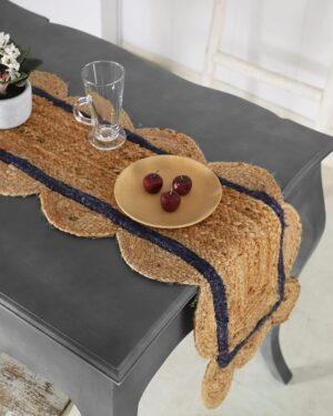 Handmade Scalloped Natural Jute Table Runner with Navy Blue Stripe | Rustic Farmhouse D?cor