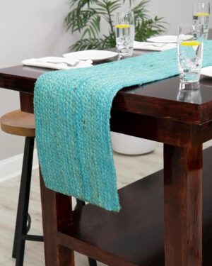 Handmade Natural Jute Table Runner Teal Blue, Rustic Farmhouse Dining Decor