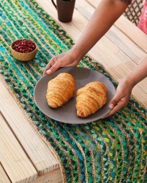Green Striped Jute Table Runner Handmade Farmhouse Dining & Holiday Decor