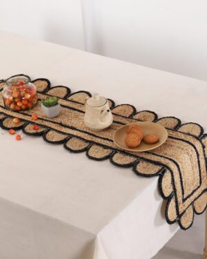 Handmade Jute Scalloped Table Runner with Black Border | Rustic Table Decor