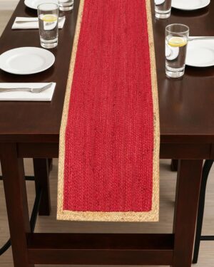 Handmade Natural Jute Table Runner with Red Center Rustic Dining Decor