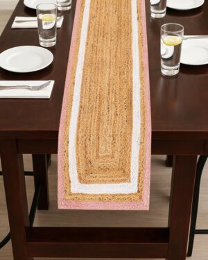 Handmade Natural Jute Table Runner with Pink & White Border Rustic Dining Decor