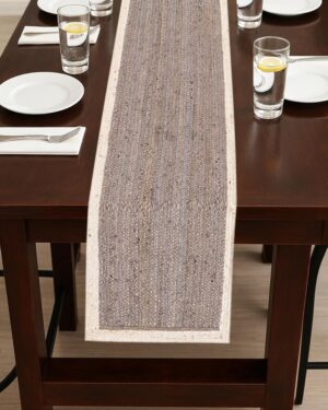Handmade Natural Jute Table Runner Grey Center with White Border, Rustic Dining Decor