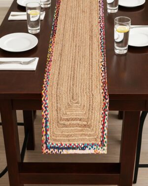 Handmade Natural Jute Table Runner with Multicolor Cotton Border Rustic Farmhouse Dining Decor