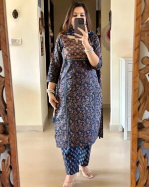Navy Blue Ajrakh Print Cotton Straight Kurti Pant Set with Malmal Dupatta – Hand Work Suit Set