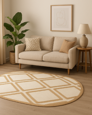 Natural Jute Oval Shape Area Rug with Geometric Pattern – Handmade Eco-Friendly Floor Carpet for Living Room & Bedroom