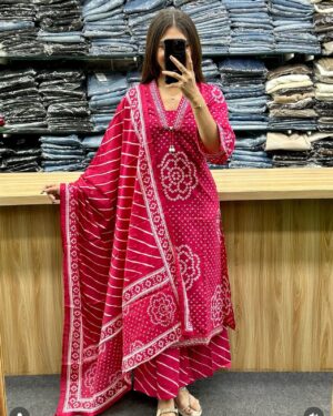 Embroidered Cotton Kurti Pant Set with Malmal Dupatta for Women