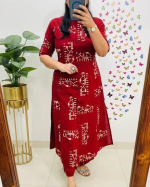 Pure Cotton Red A-Line Kurta Set with Plazo | Geometric Discharge Print | Office & College Wear