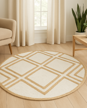 Handwoven Natural Jute Area Rug with Geometric Pattern | Round Eco-Friendly Floor Carpet