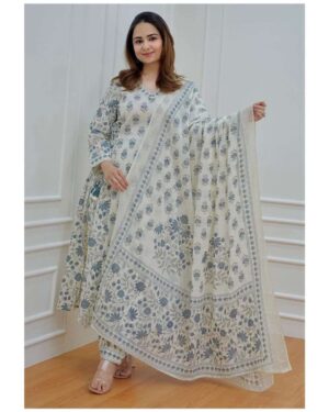 White & Blue Floral Printed Cotton Kurti Pant With Dupatta Set for Women | Summer Ethnic Wear