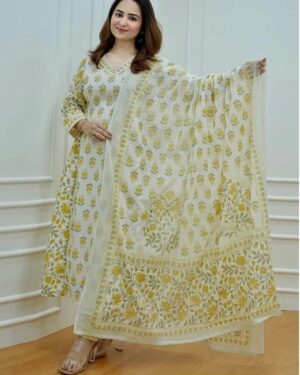 White Floral Pure Cotton Printed Kurti Pant Dupatta Set for Women | Ethnic Wear
