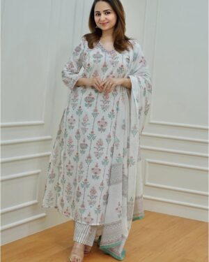 White Floral Straight Cotton Kurti Pant With Dupatta Set for Women