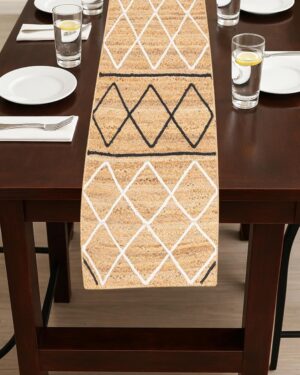 Handmade Natural Jute Table Runner Beige with Black & White Diamond Pattern, Rustic Farmhouse Dining Decor