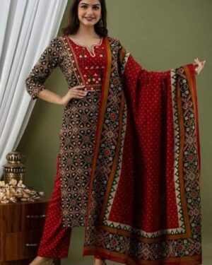Red Patola Print Cotton Kurti Pant Set with Dupatta | Traditional Ethnic Wear for Women