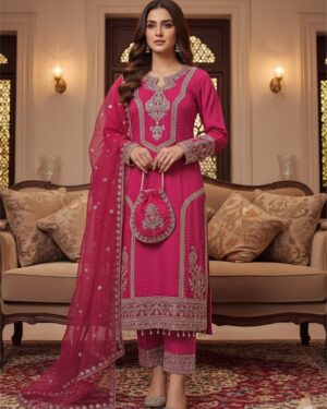 Heavy Pure Roman Silk Embroidered Kurti Set with Organza Dupatta & Potli Bag | Festival Wear 3 Piece Suit for Women