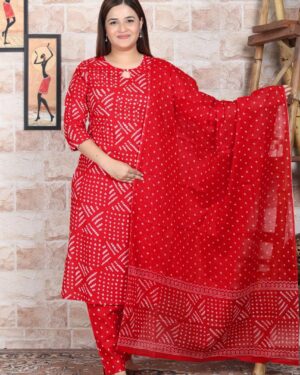 Bandhani Print Cotton Kurti Pant Dupatta Set with Handwork & Moti Work | 3 Piece Straight Suit Set