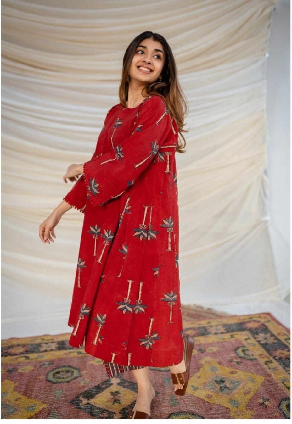 red Flared Kurti With Pant-04