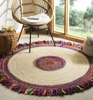 Handmade Round Jute Rug with Multicolor Border & Fringe – Natural Boho Area Rug