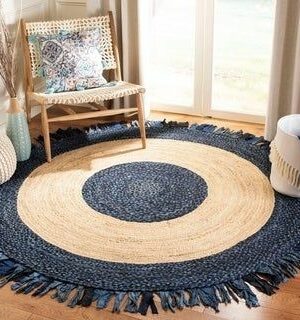 Handmade Round Jute Rug with Blue Border & Fringe – Natural Boho Braided Area Rug