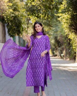 Women’s Purple Cotton Kurti Set with Dupatta – Ethnic Printed Kurta Pant Set | Indian Traditional Outfit