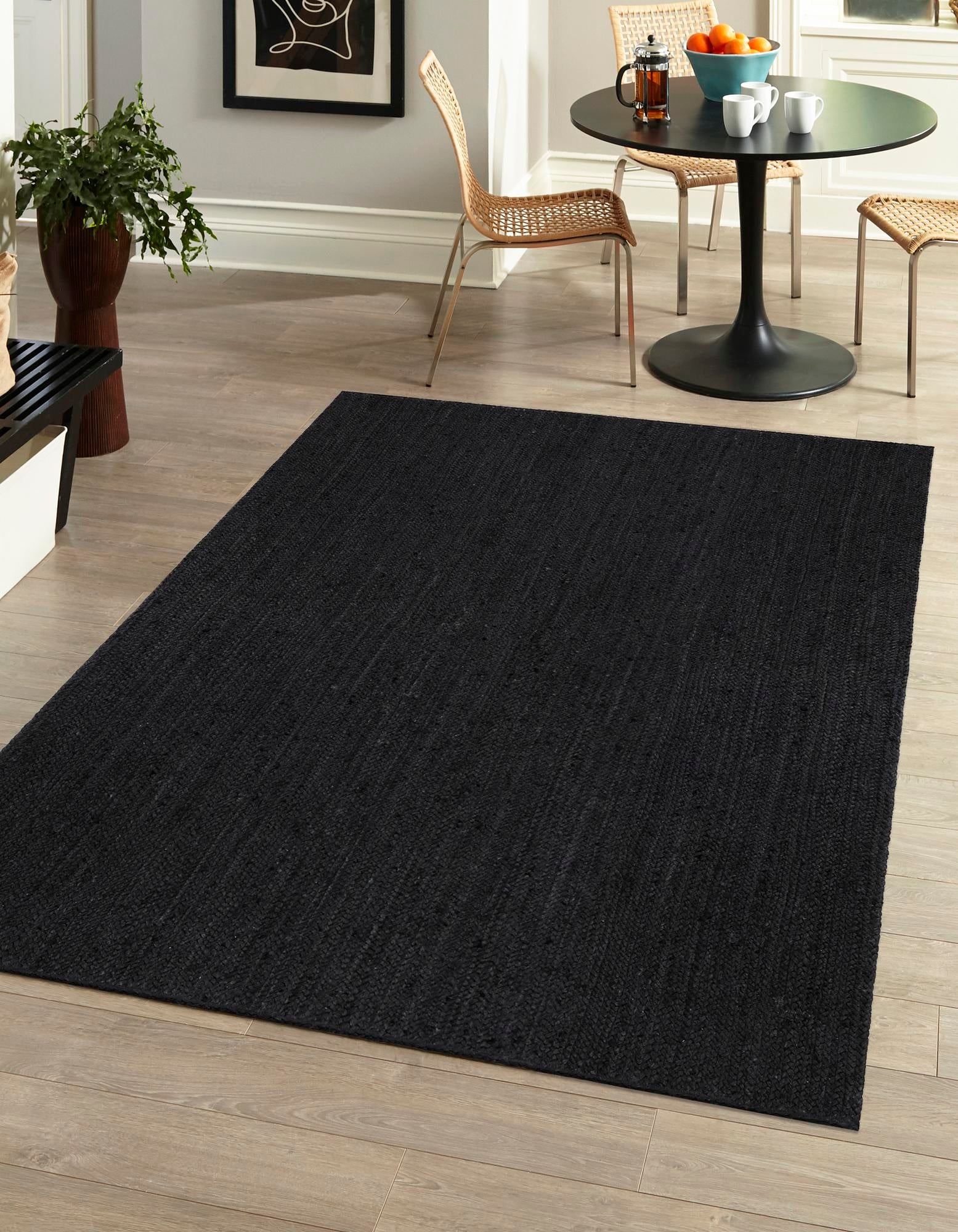 Handwoven Solid Black Jute Area Rug | Modern Natural Fiber Floor Carpet