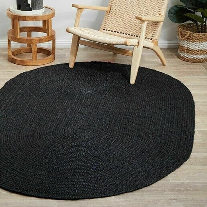 Handwoven Black Oval Jute Rug | Solid Braided Natural Fiber Area Carpet