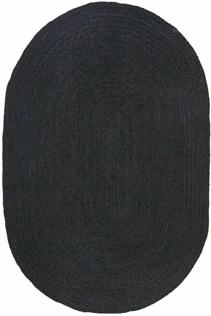 Black Natural Fiber Oval Jute Carpet Solid Black Oval Jute Area Rug Eco Friendly Handcrafted Braided Floor Carpet for Home Decor