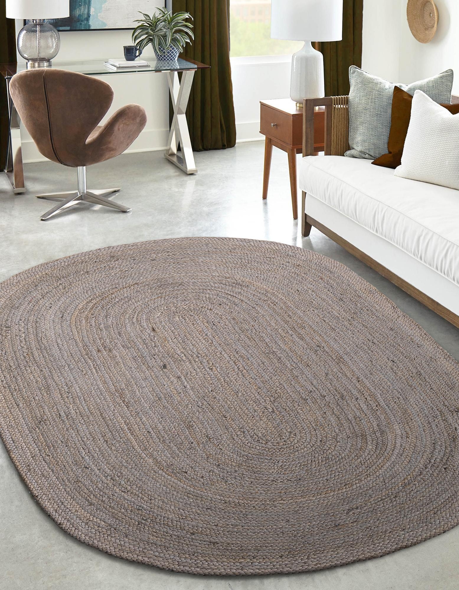 Handwoven Grey Oval Jute Rug | Solid Braided Natural Fiber Area Carpet