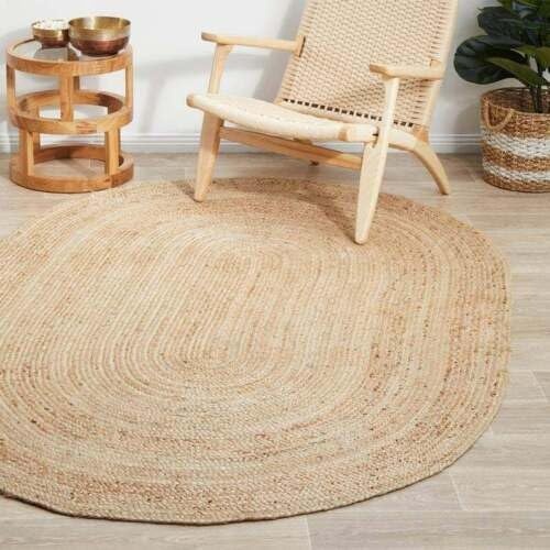 Handwoven Natural Round Jute Rug | Braided Oval Style Area Carpet