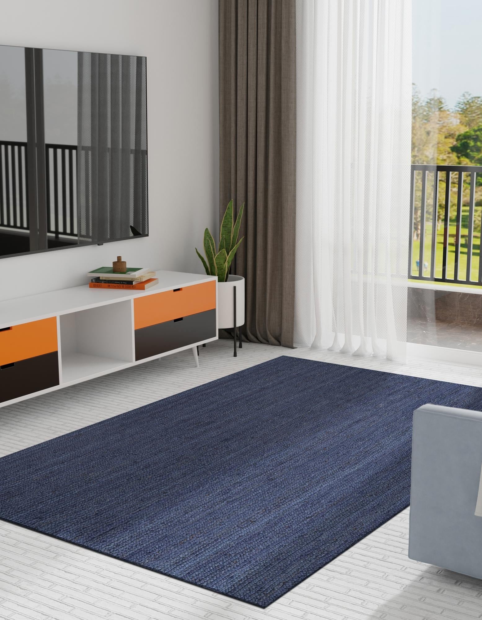 Handwoven Blue Jute Area Rug | Modern Solid Indoor Floor Carpet