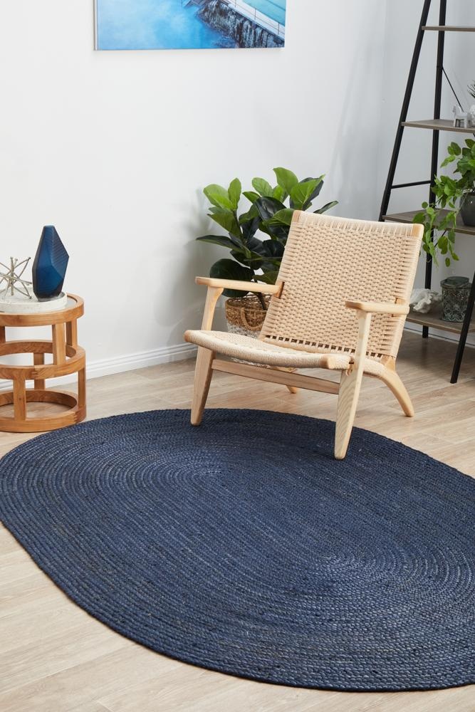 Handwoven Navy Blue Oval Jute Rug | Solid Braided Natural Fiber Area Carpet