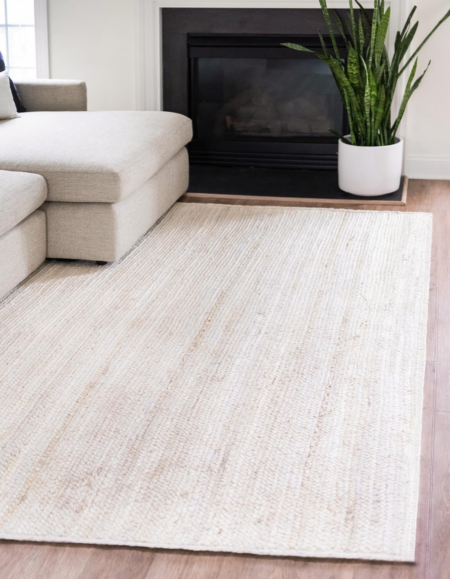 Handwoven White Jute Area Rug | Solid Natural Fiber Floor Carpet for Living Room
