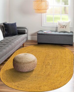 Handmade Mustard Yellow Oval Jute Rug Braided Natural Fiber Area Carpet for Living Room Bedroom and Farmhouse Decor