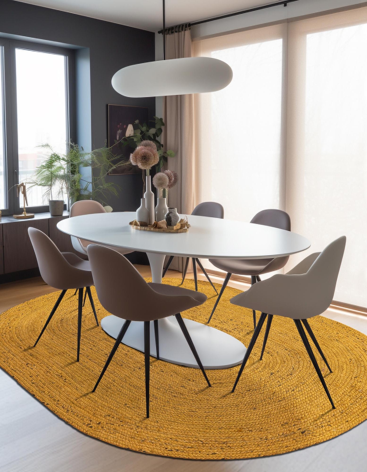 Natural Fiber Mustard Yellow Oval Rug Handmade Braided Carpet for Modern Living Room Decor