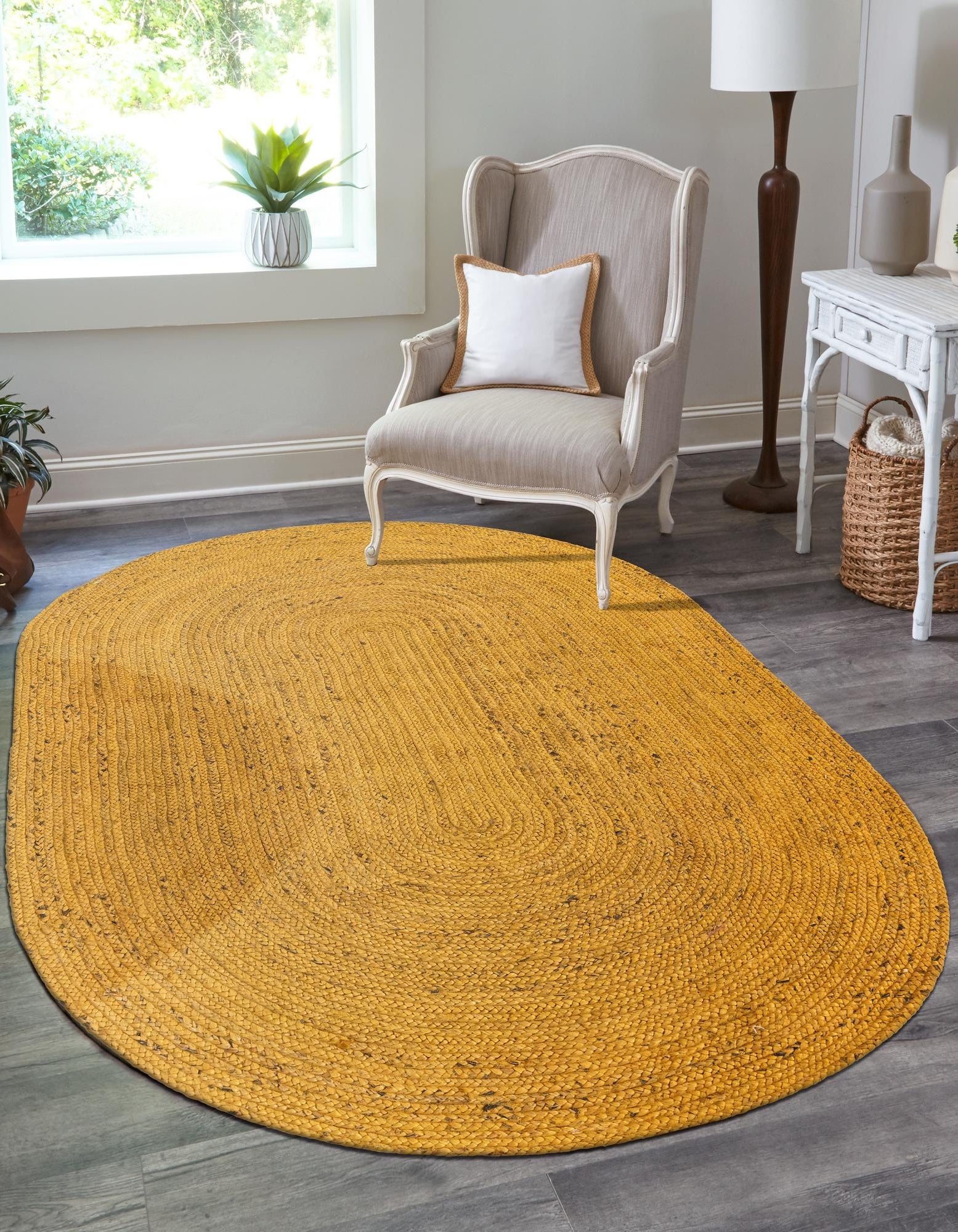Eco Friendly Mustard Yellow Braided Oval Jute Carpet Eco Friendly Mustard Yellow Braided Oval Jute Carpet for Farmhouse and Coastal Interiors