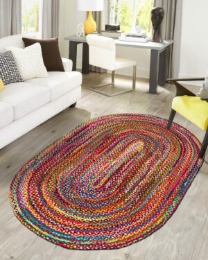 Handmade Multicolor Braided Oval Jute Rug Colorful Boho Area Carpet for Living Room Bedroom and Home Decor