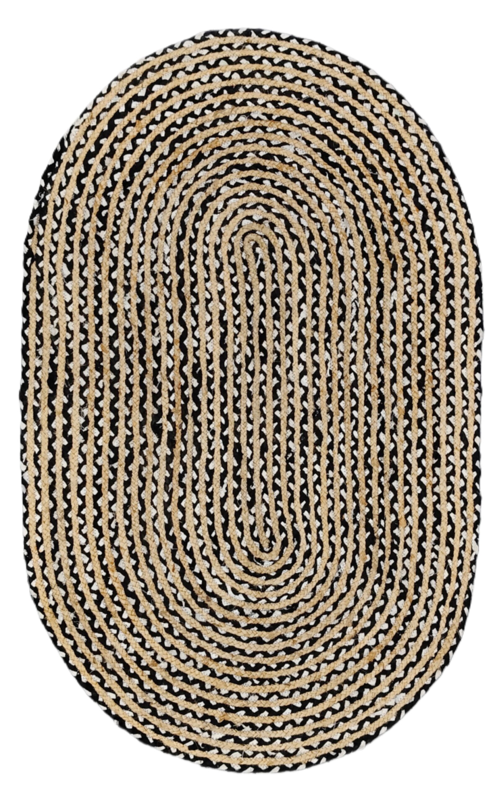 Handmade Black and Natural Braided Oval Jute Rug Striped Farmhouse Area Carpet for Living Room Decor