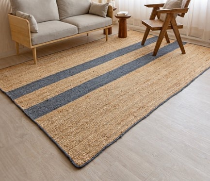 Handwoven Natural Jute Rug with Blue Stripes | Modern Area Floor Carpet