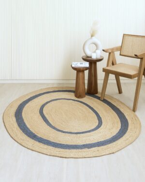 Natural and Grey Round Jute Rug Handmade Braided Area Carpet for Modern Farmhouse Living Room Decor