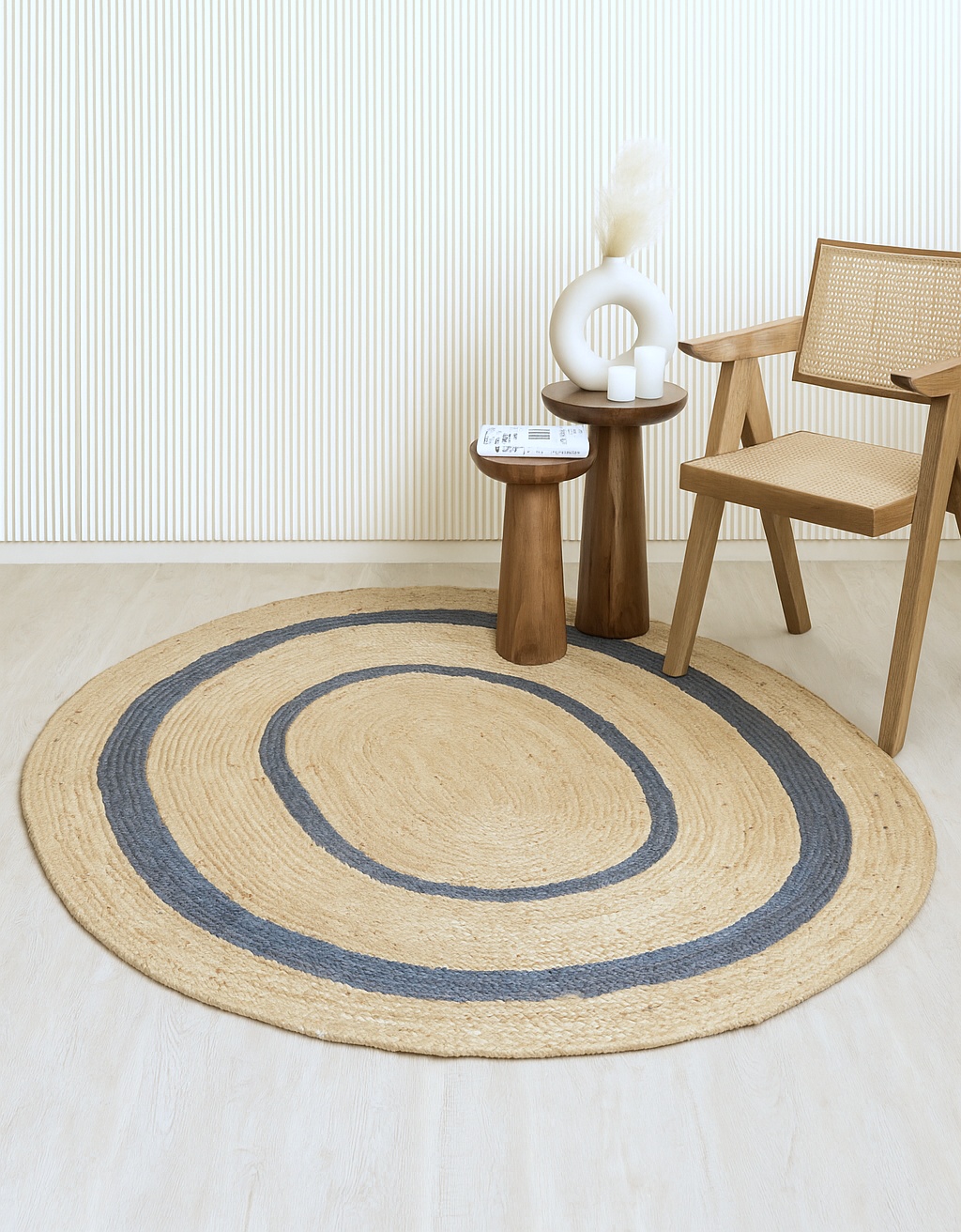 Natural and Grey Round Jute Rug Handmade Braided Area Carpet for Modern Farmhouse Living Room Decor