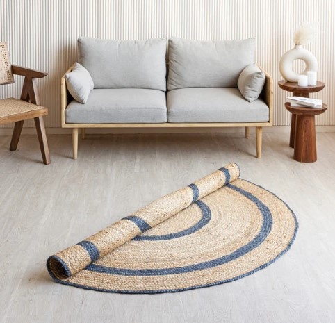 Round Jute Area Rug with Grey Rings Round Jute Area Rug with Grey Rings Handwoven Natural Fiber Carpet for Contemporary Home Decor